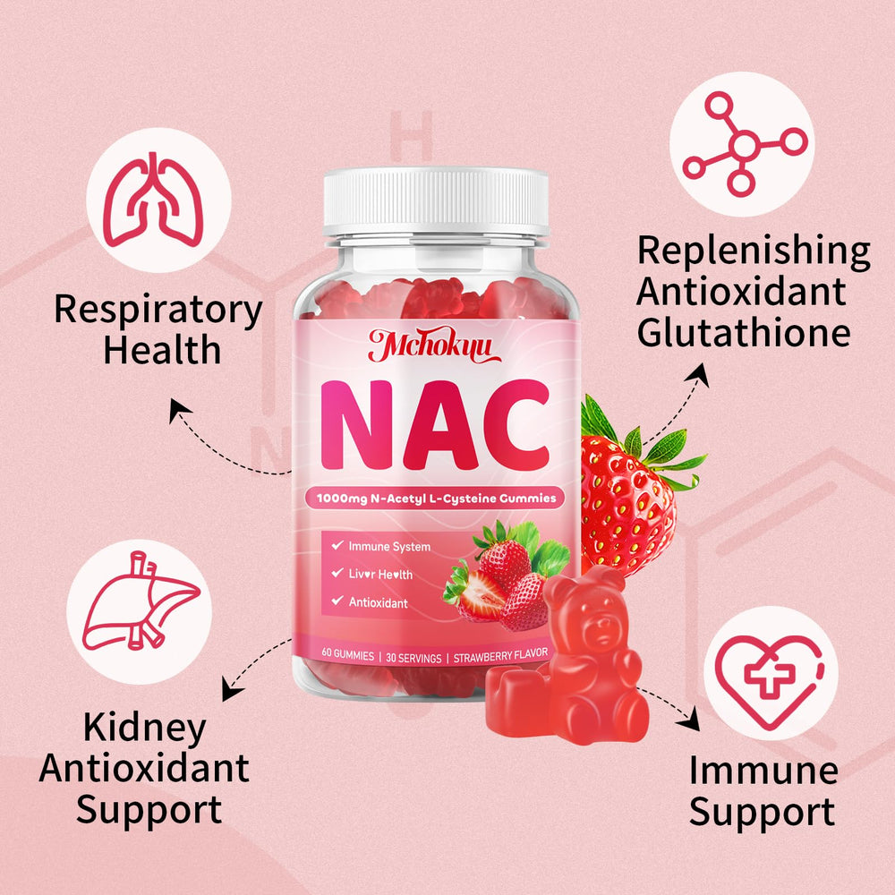 Mchokuu NAC gummies strawberry flavor close-up showing tasty daily wellness.