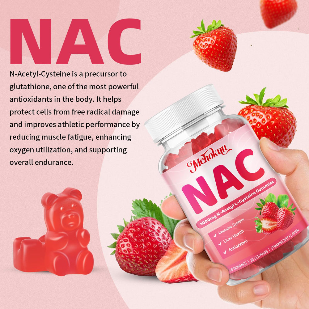 Mchokuu NAC gummies texture close-up emphasizing chewy bite for convenient use.