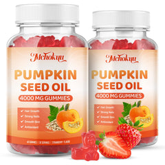 Mchokuu pumpkin seed oil gummy bottle close-up for hair and skin support