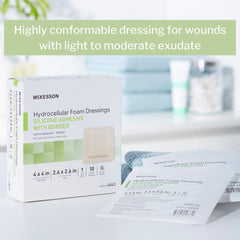 McKesson Hydrocellular foam dressing shows 4x4 inch size with 3x3 inch pad.