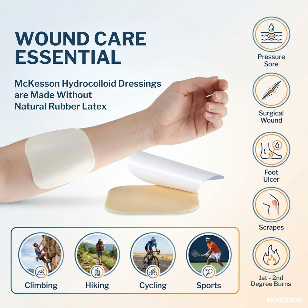 McKesson foam-backed hydrocolloid dressing applied to skin for a comfortable fit.