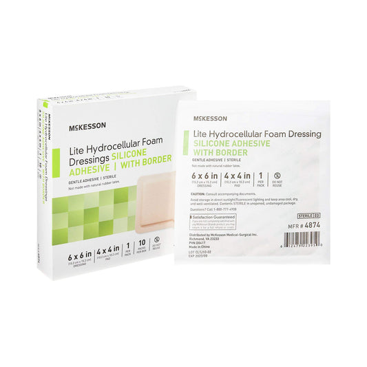 McKesson Lite foam dressing with border seal protecting wounds.