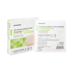 McKesson Lite foam dressing with border seal protecting wounds.