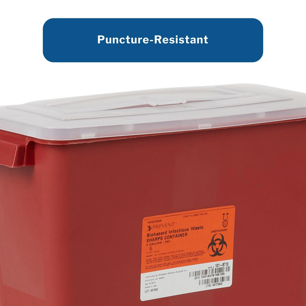 McKesson Sharps Container with locking lid for secure disposal.
