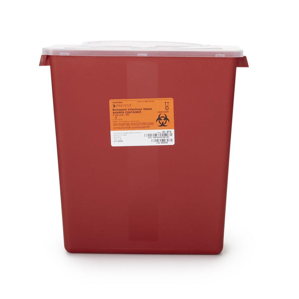 McKesson Sharps Container stackable design for compact clinical storage.