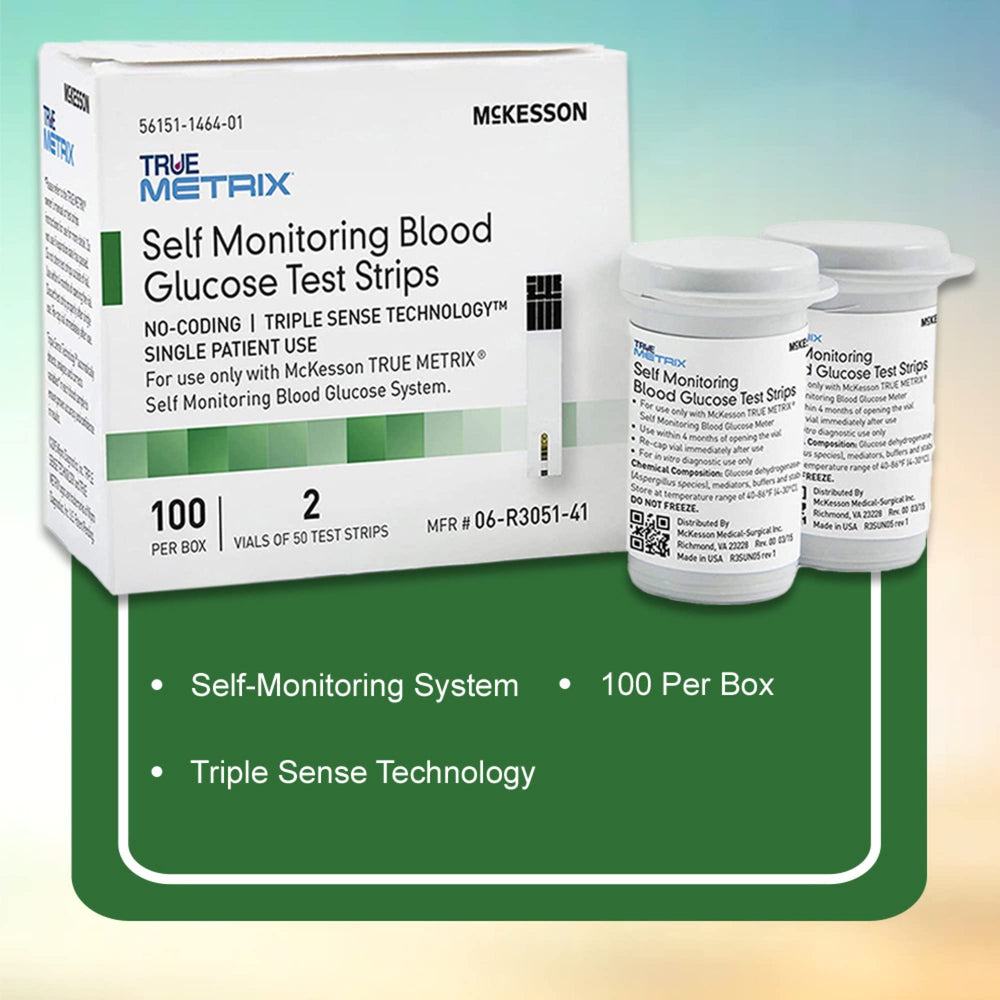 McKesson True Metrix strip requiring a tiny zero-point-five microliter sample.