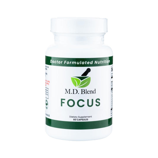 MD Blend Focus bottle close-up highlighting concentrated mental clarity for work