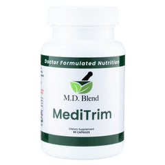 M.D. Blend MediTrim bottle cap showing convenient daily capsules for metabolism support.