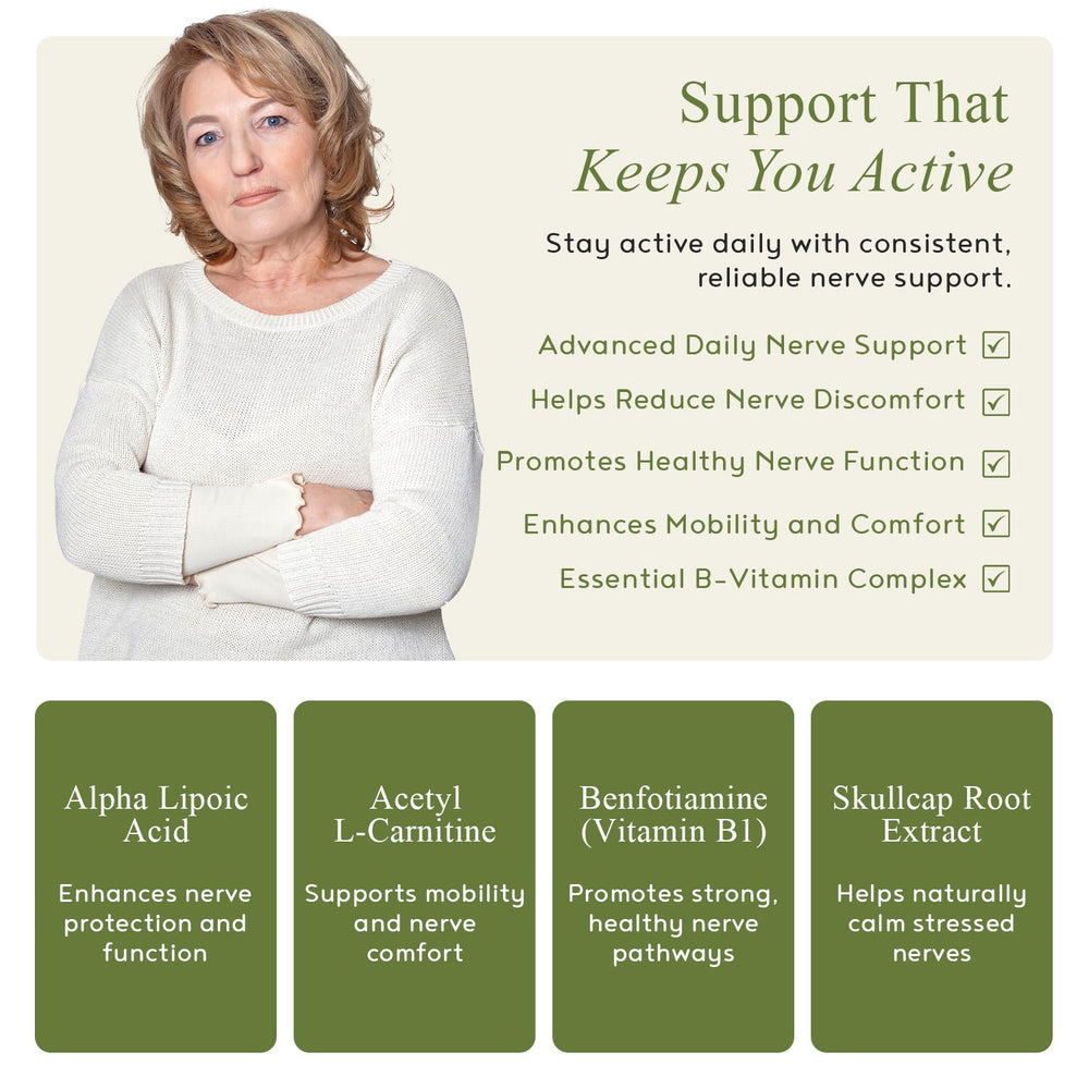 MD Blend Neuropathy label close-up emphasizes key ingredients for nerve health.