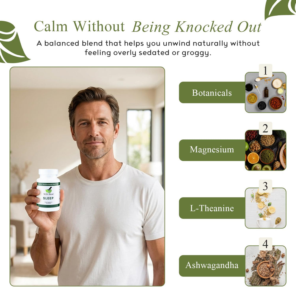 M.D. Blend Sleep packaging box emphasizing non-habit forming sleep support
