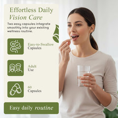 Two capsules per day depicted as an easy daily eye care routine.