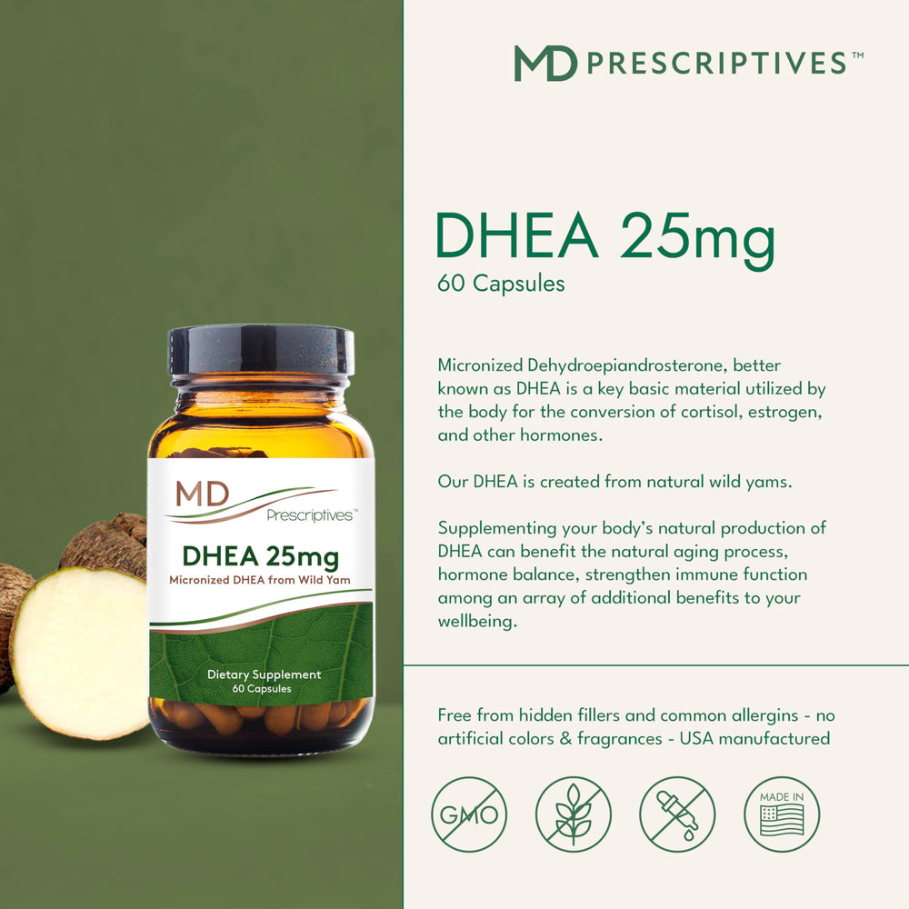 MD Prescriptives DHEA bottle highlighting packaging and bottle design.