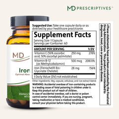 MD Prescriptives Iron MD label showing ingredients and storage guidance.