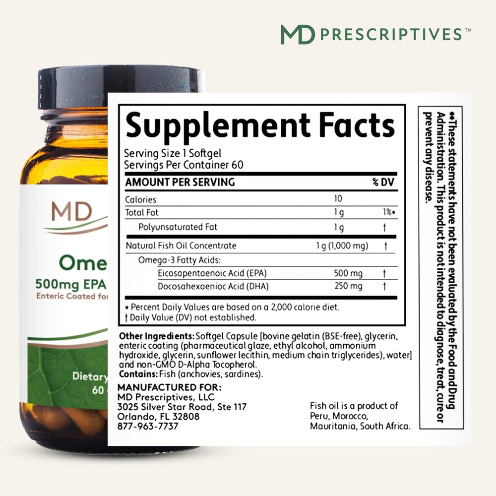 MD Prescriptives Omega MD bottle label showing 500 EPA and 250 DHA.
