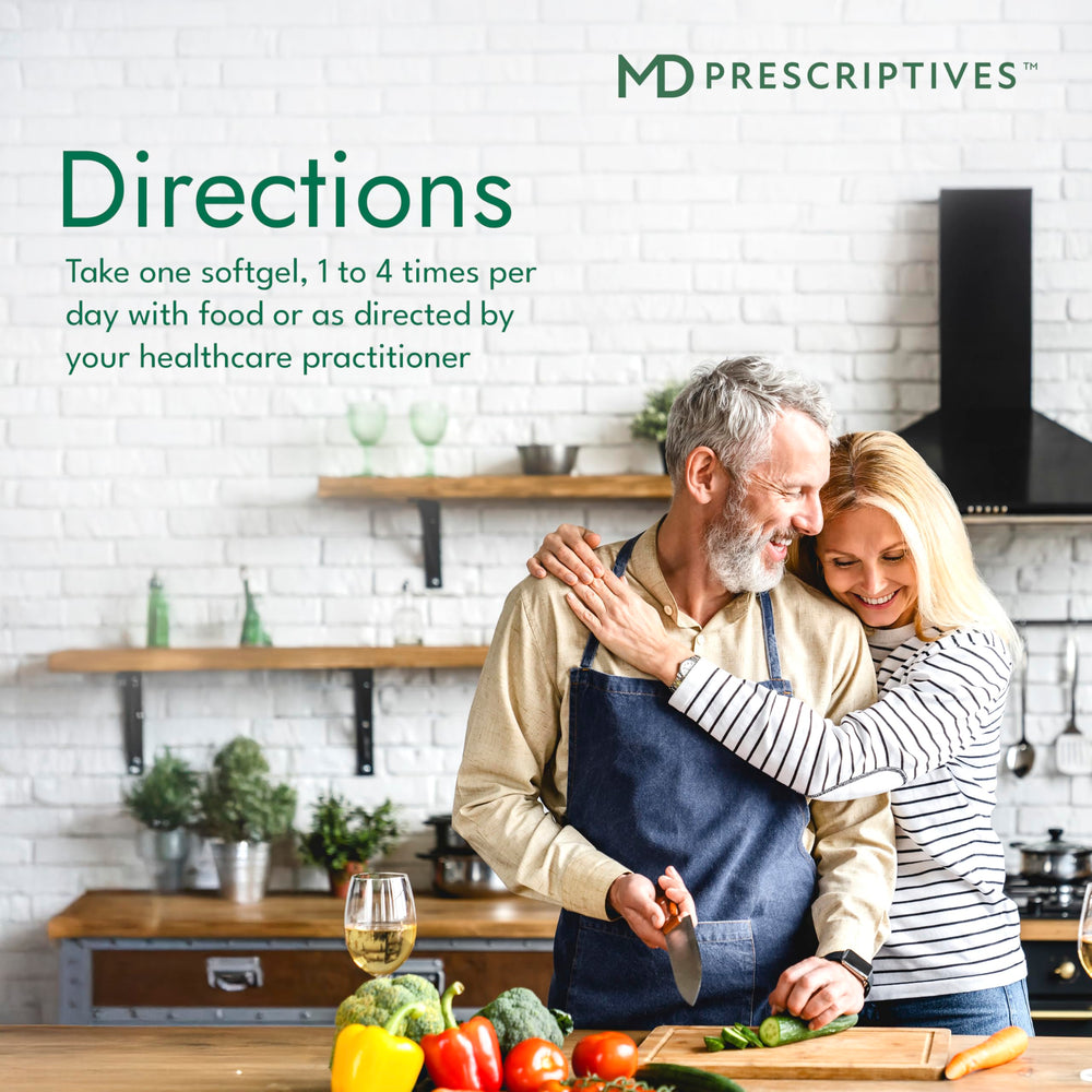 MD Prescriptives Omega MD softgels taken with meals may aid absorption.