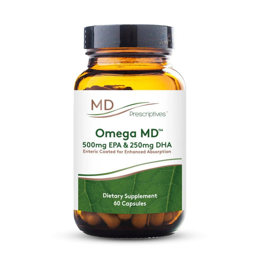 MD Prescriptives Omega MD softgels closeup with enteric coating and potential heart-brain support.