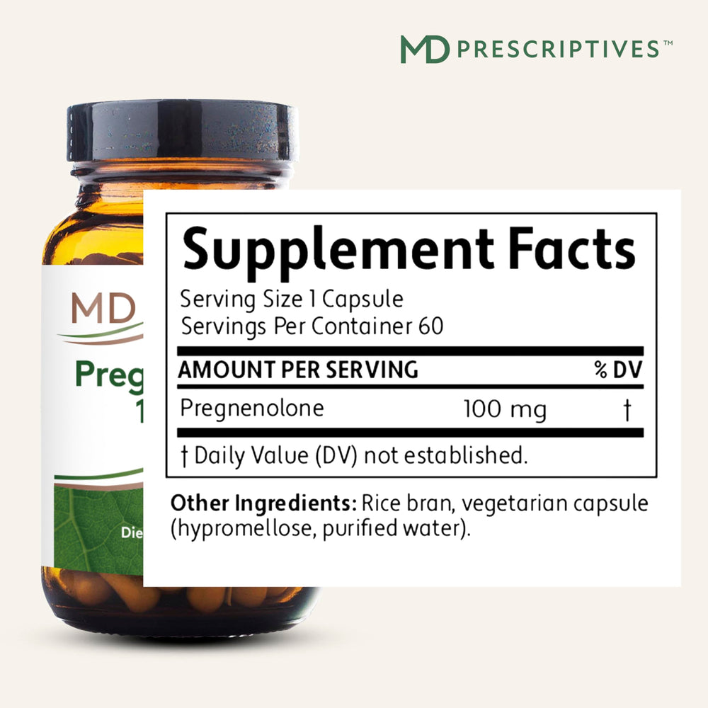 MD Prescriptives Pregnenolone bottle back with supplement facts and vegan formula.