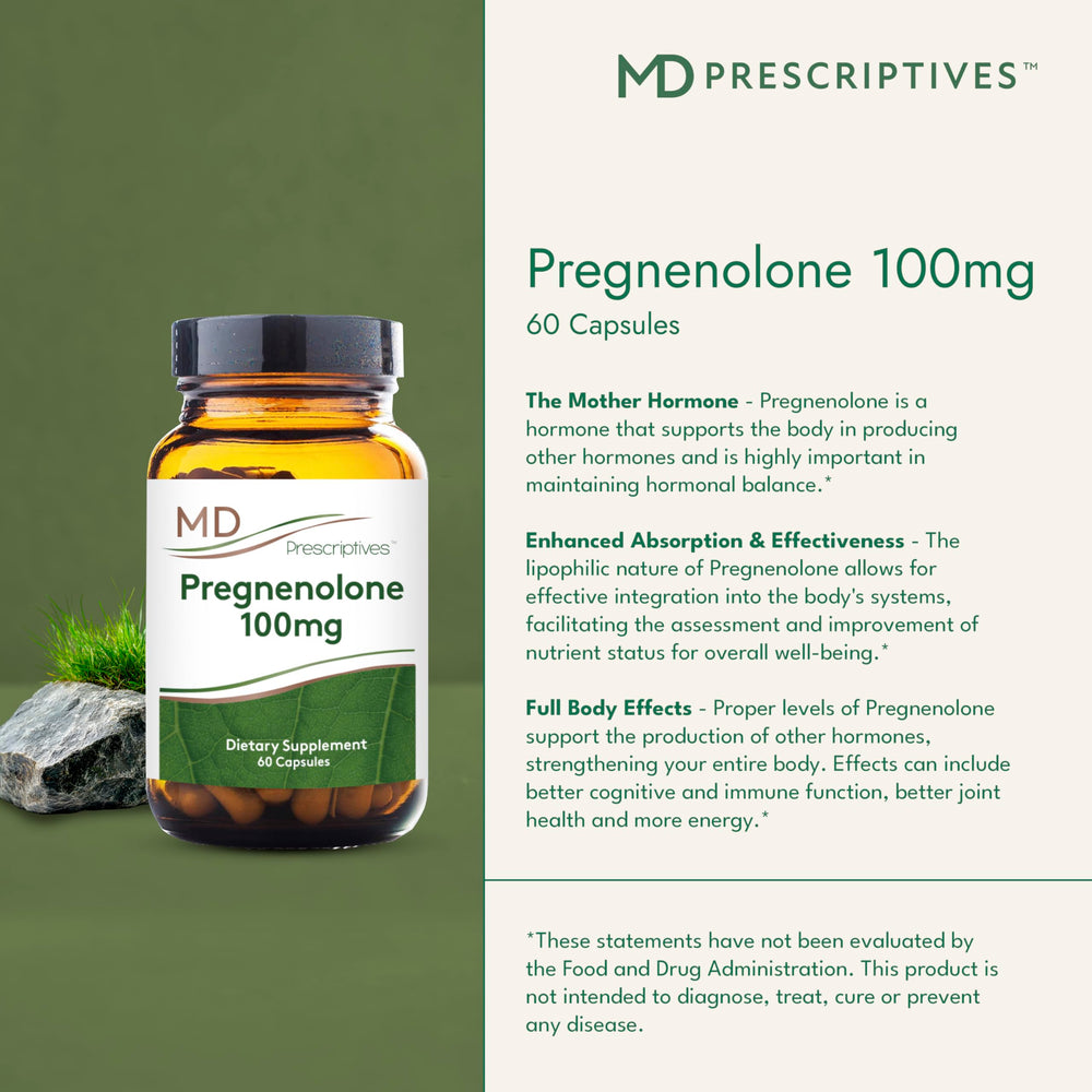 MD Prescriptives Pregnenolone capsule closeup highlights 100 mg dosage.
