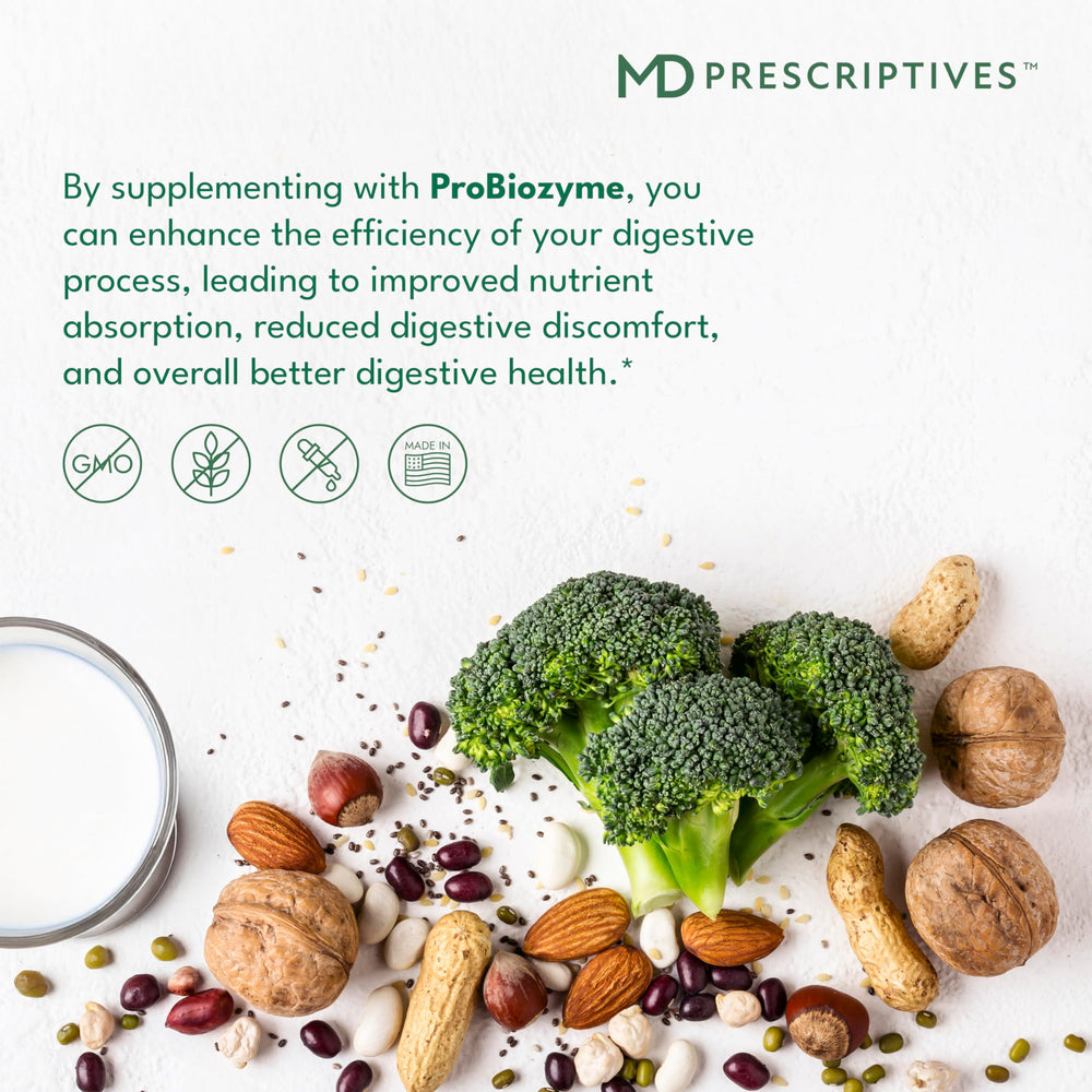 MD Prescriptives ProbioZyme packaging emphasizes gluten-free and GMO-free quality.