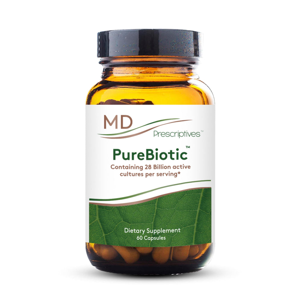 MD Prescriptives PureBiotic bottle with label showing 28B CFU for daily gut support.