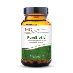 MD Prescriptives PureBiotic bottle with label showing 28B CFU for daily gut support.