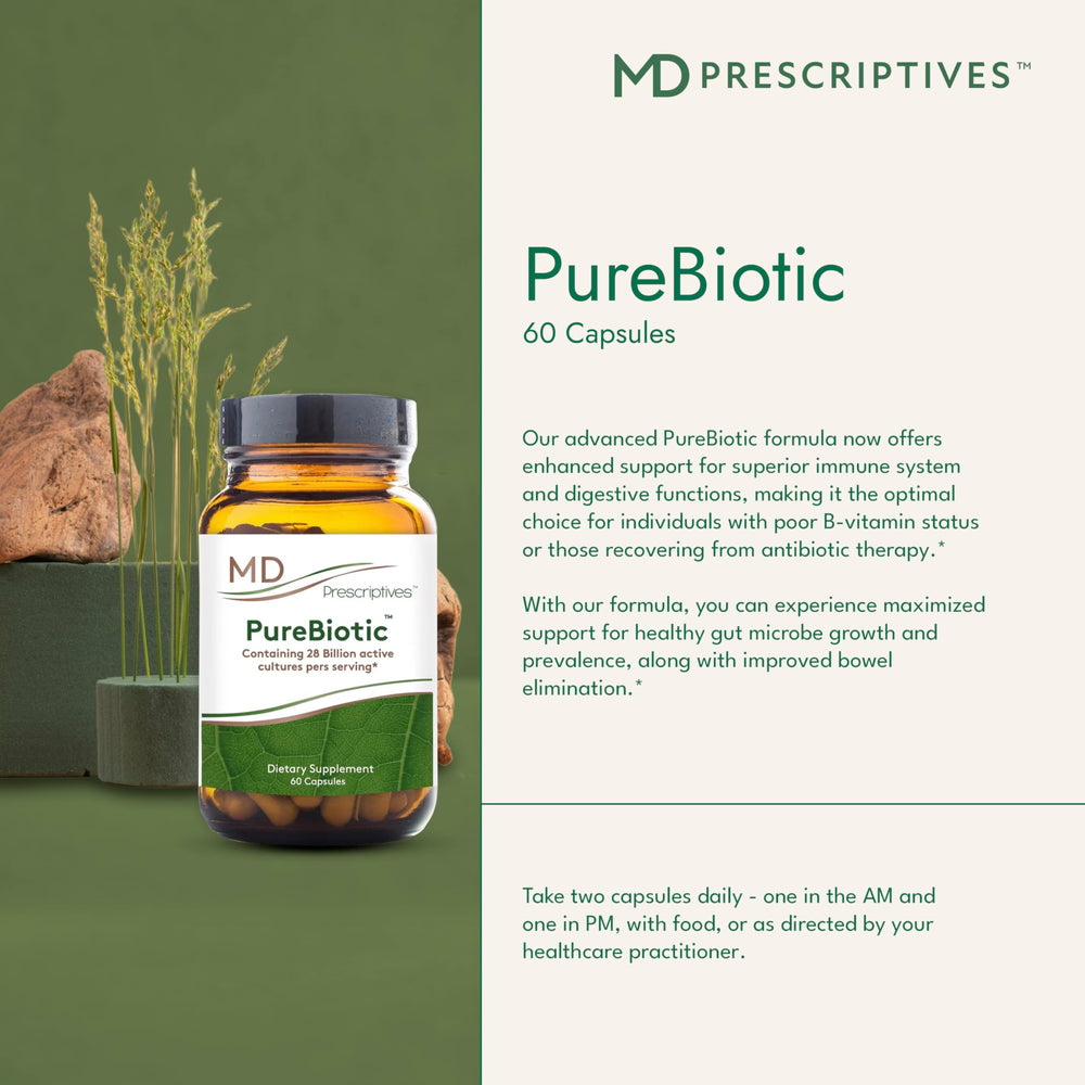 MD Prescriptives PureBiotic bottle shown for AM and PM dosing.