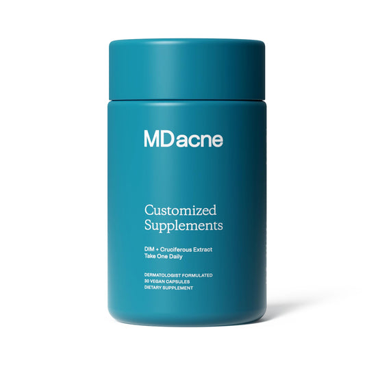 MDacne DIM skin clearing supplements bottle supports a simple, skin-clearing routine.
