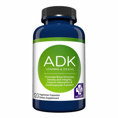 MD.LIFE ADK bottle front with vegan capsules for daily bone and heart health support
