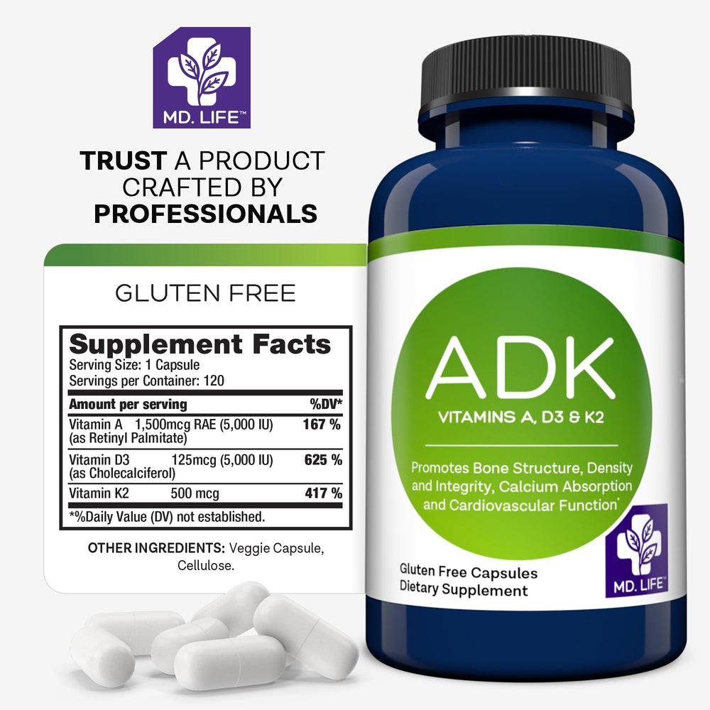 MD.LIFE ADK bottle resting on a desk for daily wellness