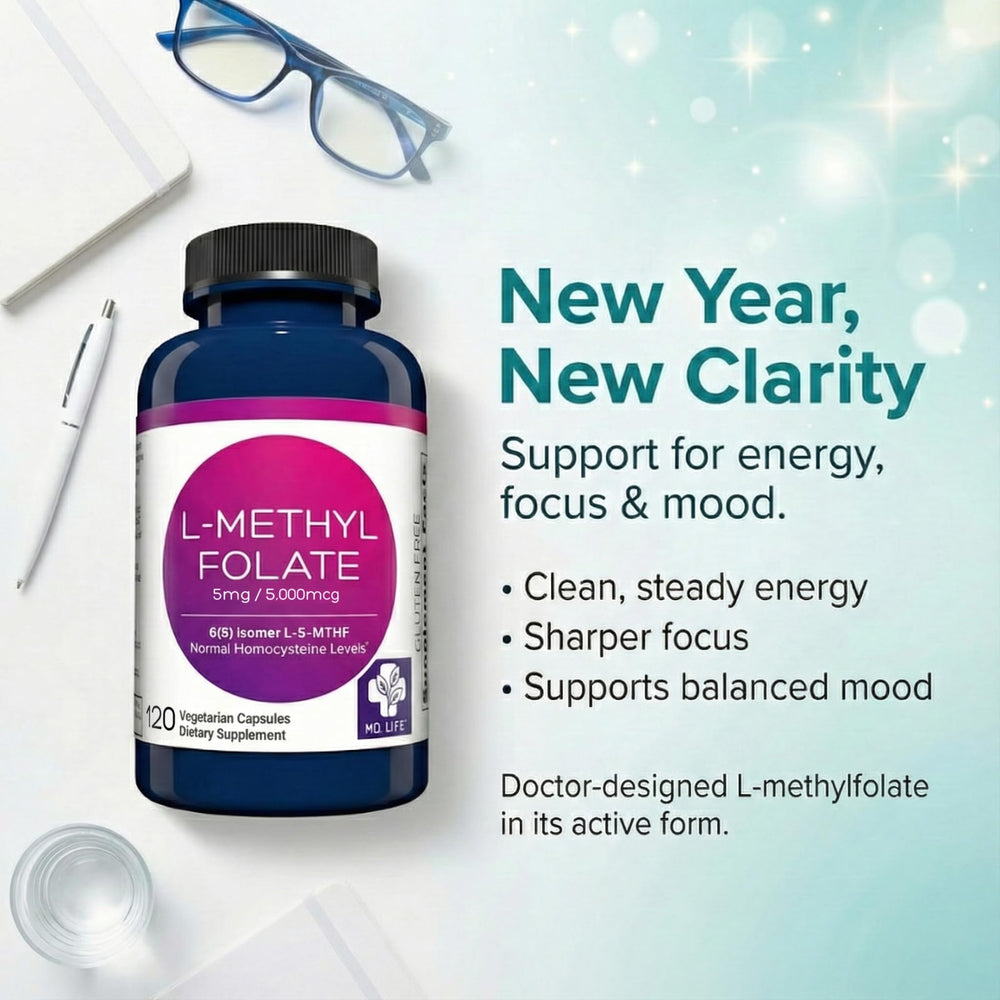 MD.LIFE L-Methylfolate 5mg capsule side view for dosage visual.