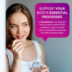 Pouring MD.LIFE L-Methylfolate 15 mg capsules from the bottle for daily use.
