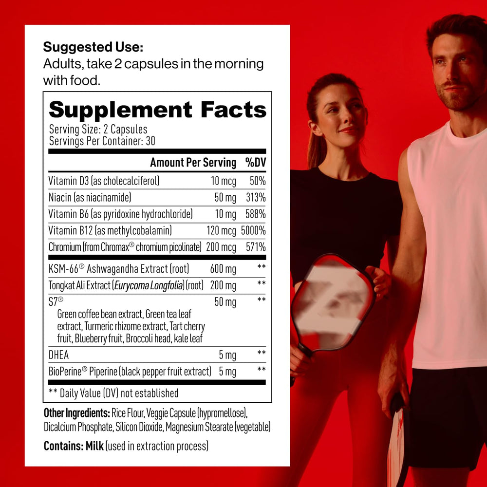 Mdrive Prime bottle back highlights key ingredients and usage cues.