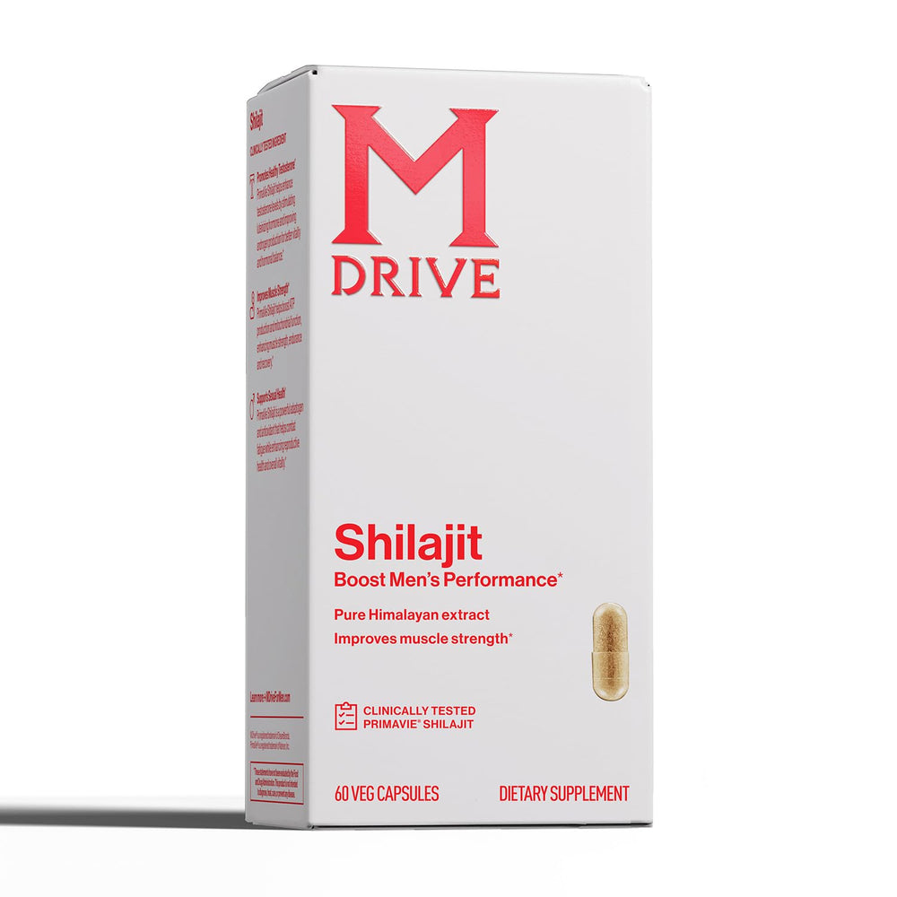 MDrive Shilajit capsules bottle front promoting daily energy and vitality.