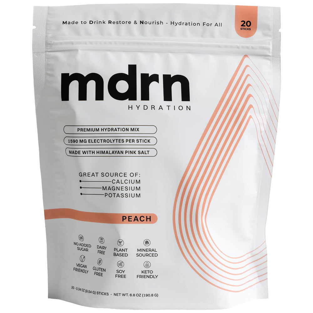 MDRN Hydration electrolyte mix tub in peach for daily hydration.