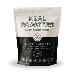Meal Boosters Savory White Cheddar bottle—protein-packed flavor for quick meals.