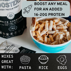 Meal Boosters Savory White Cheddar being poured into sauce—seamless blend for keto dishes.