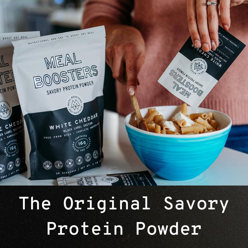 Meal Boosters Savory White Cheddar scoop—easy measuring for pasta and skillet meals.