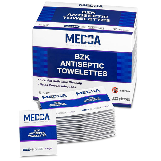 MEDca BZK wipes in a 300-pack foil-lined pouch for travel-ready cleaning