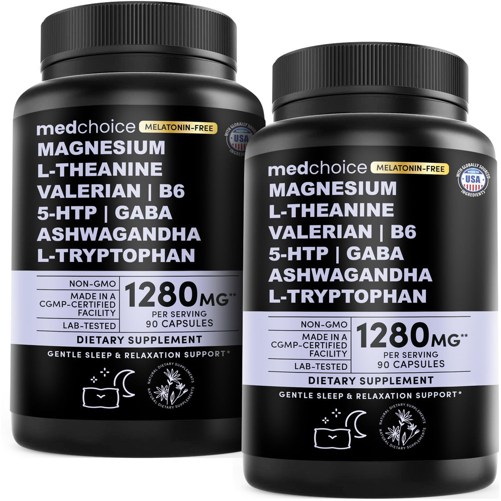 MEDCHOICE 12-in-1 Sleep Support bottle front promotes restful nights without melatonin.