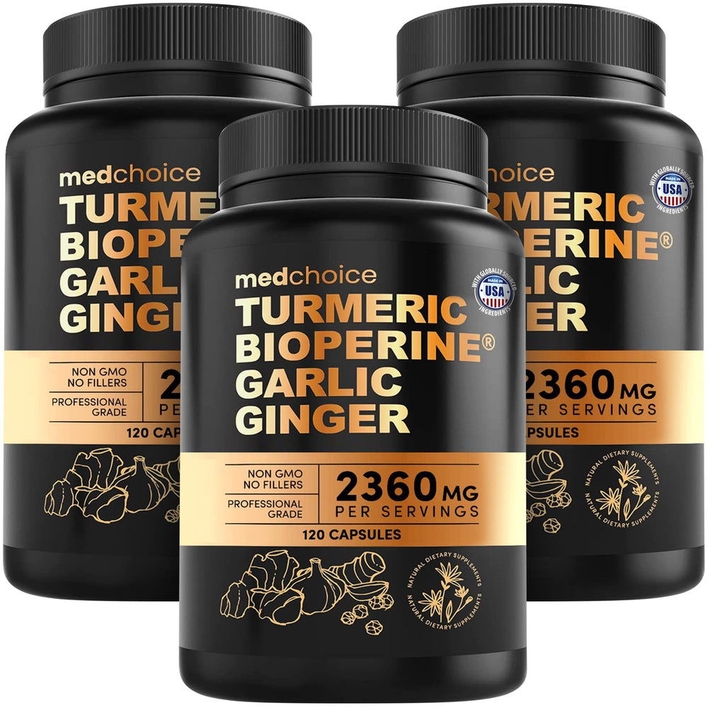 MEDCHOICE Turmeric Garlic bottle front shows high-potency 4-in-1 formula for daily wellness.