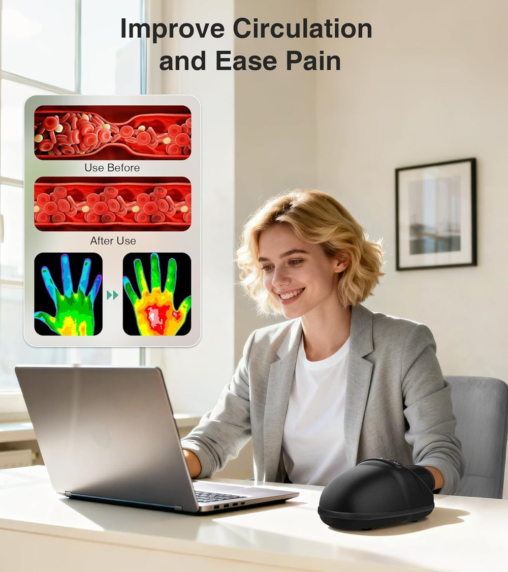 Medcursor Hand Massager airbag massage powering palm-to-finger compression.