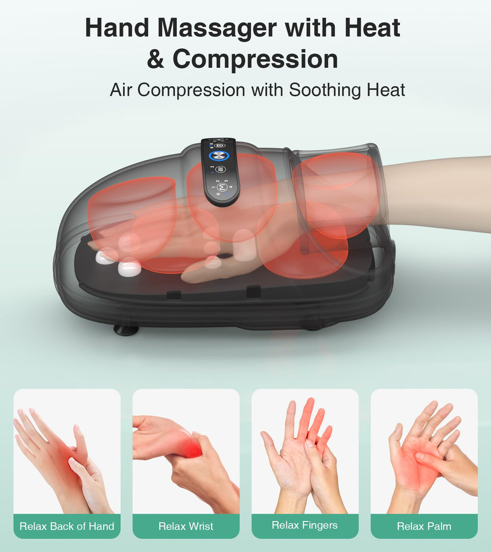 Medcursor Hand Massager heat settings illustrated for soothing warmth.