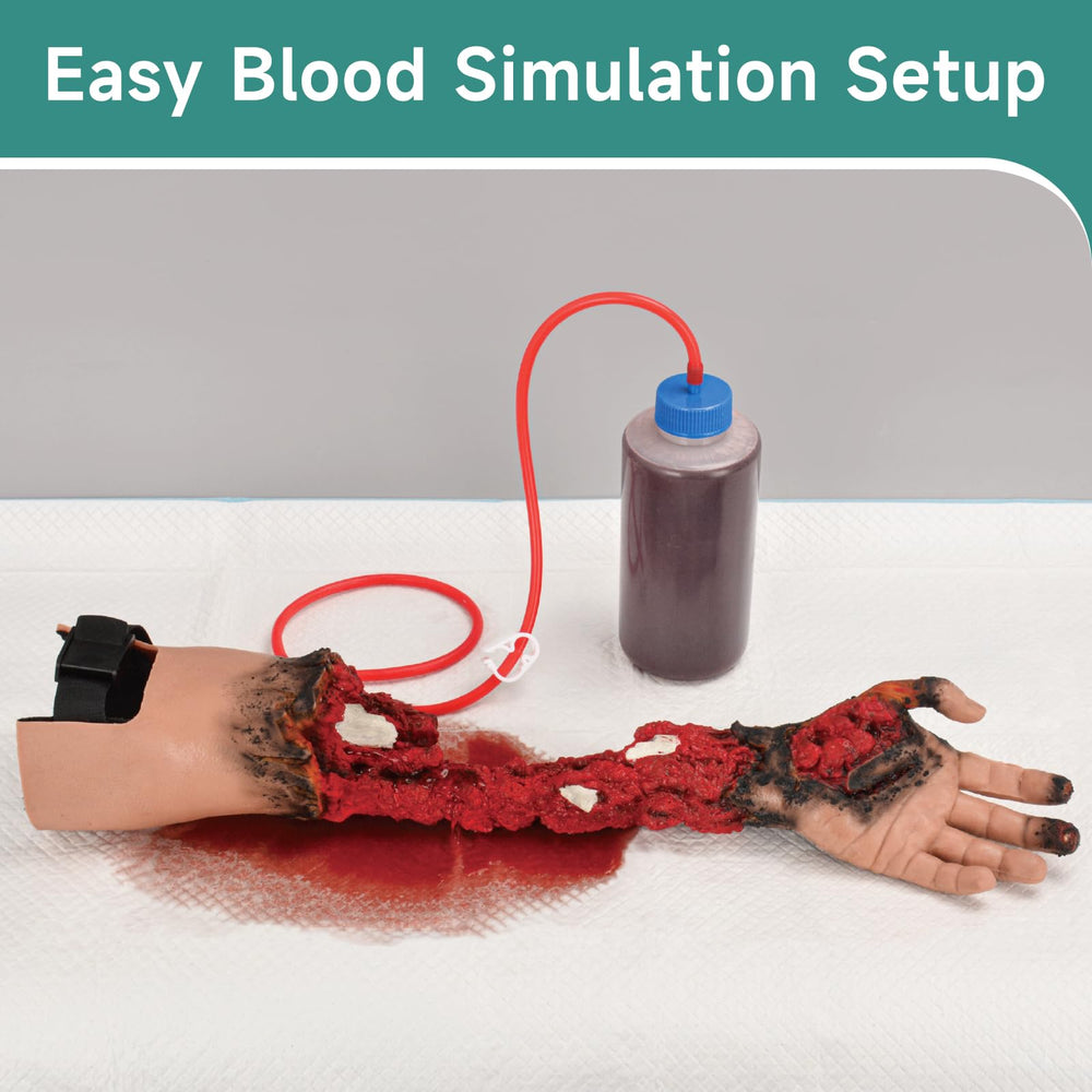 MedEduQuest wound trainer bleeding system with internal tubing supports realistic simulated bleeding