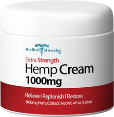 Medical Miracles hemp cream bottle closeup showing USA-made formula for versatile relief