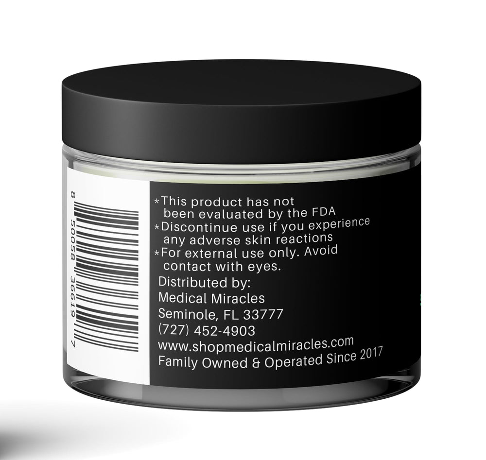 Medical Miracles hemp salve bottle close-up highlights potency.