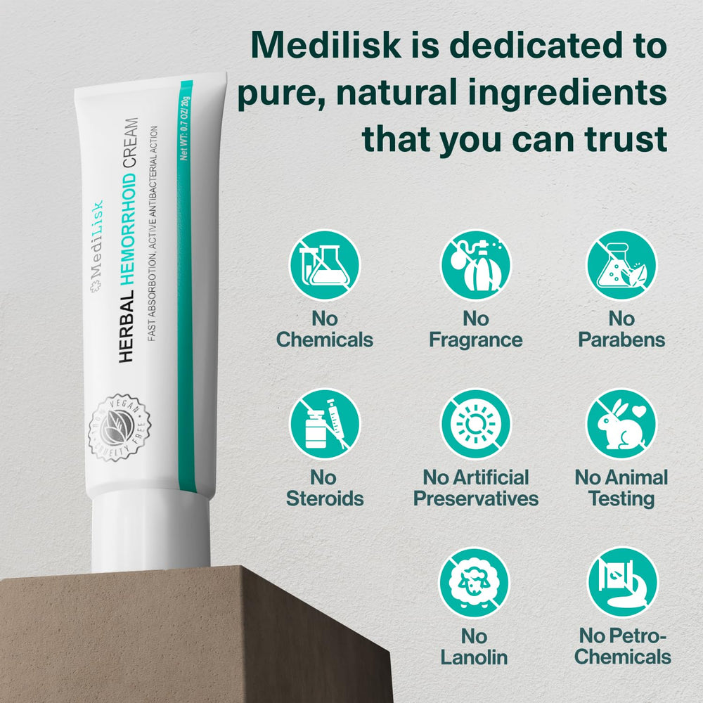 MediLisk Herbal Hemorrhoid Cream texture closeup showing creamy consistency for gentle application.