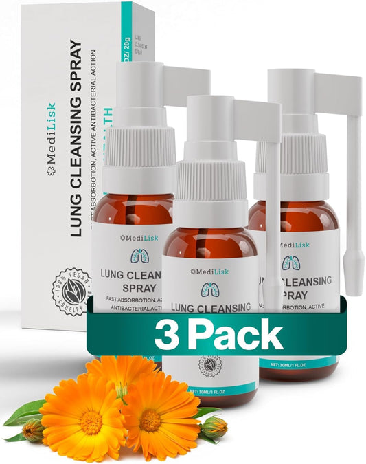 MediLisk Lung Cleansing Spray 3-pack outer box showing convenient respiratory support for daily use.