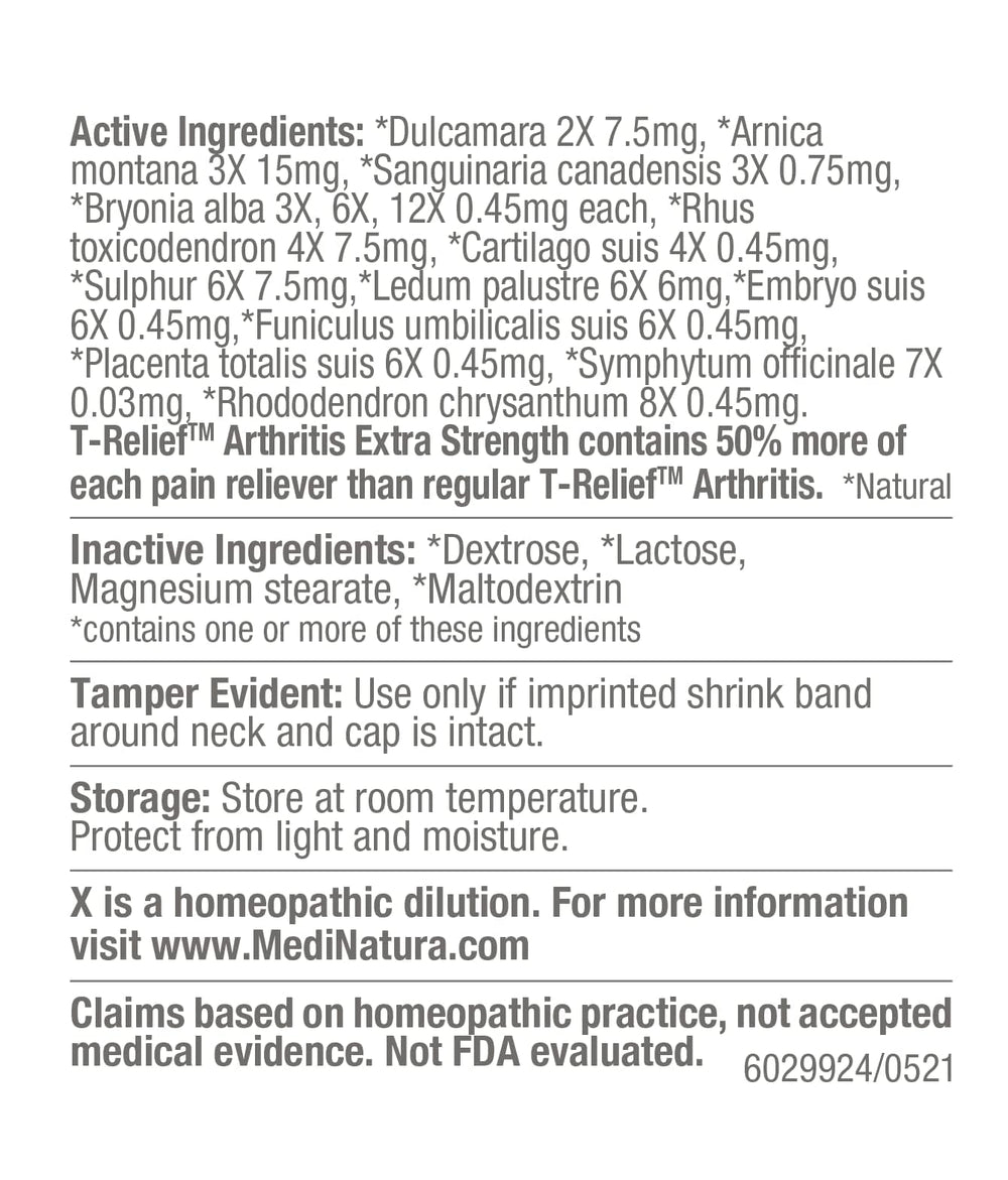 MediNatura T-Relief Extra-Strength Arnica tablets for fast-absorption relief of soreness