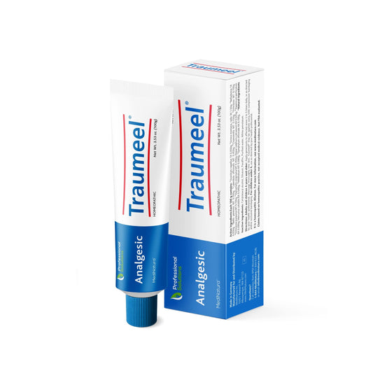 MediNatura Traumeel ointment bottle closeup for quick topical relief on sore muscles