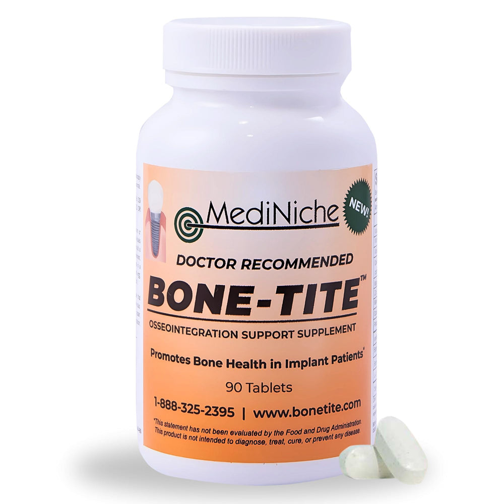 MediNiche Bone-Tite bottle label with 90 tablets for dental implant support.